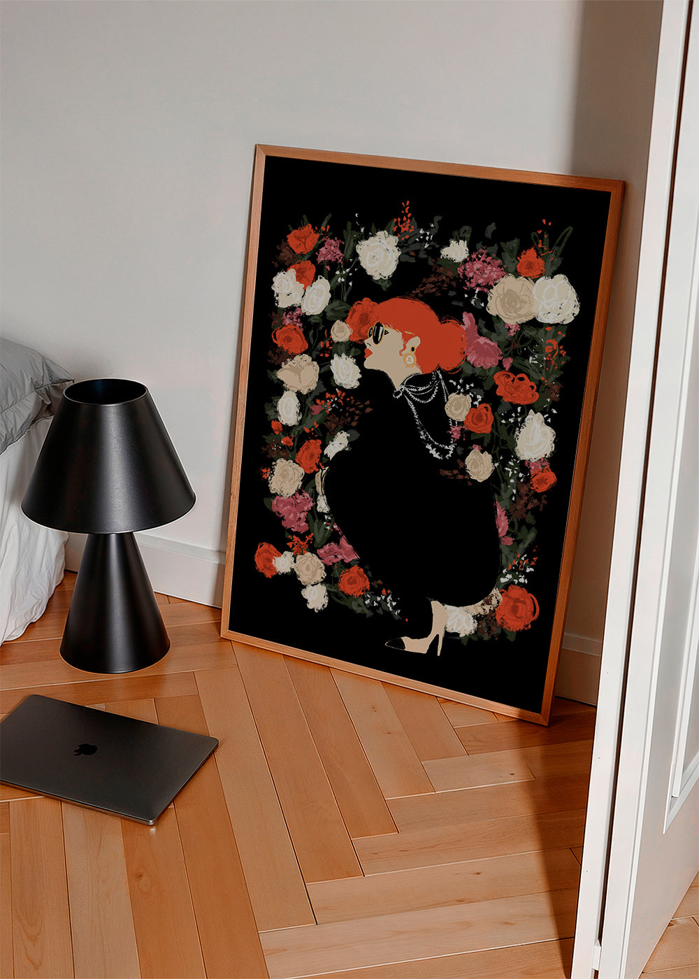 Botanický plakát se siluetou ženy a květinovým věncem