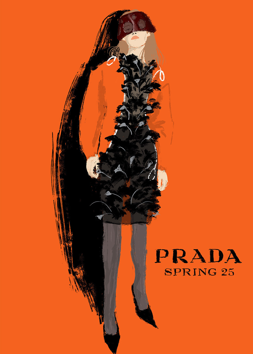 Módní ilustrace PRADA na oranžovém pozadí