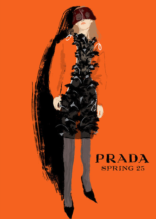 Módní ilustrace PRADA na oranžovém pozadí