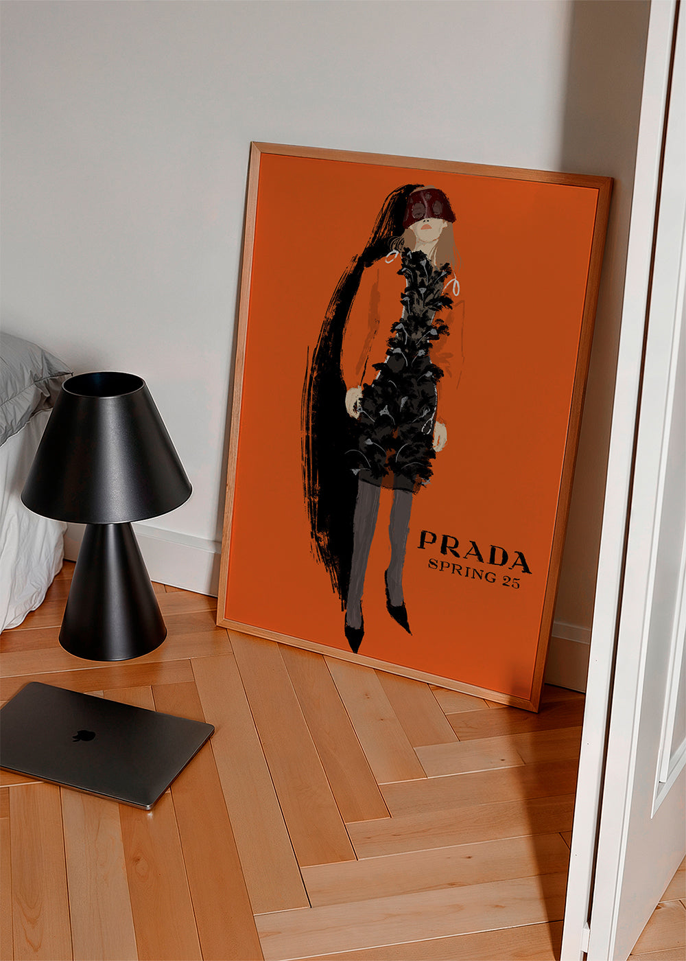 Módní ilustrace PRADA na oranžovém pozadí
