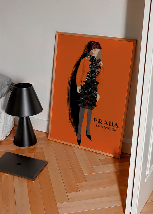 Módní ilustrace PRADA na oranžovém pozadí