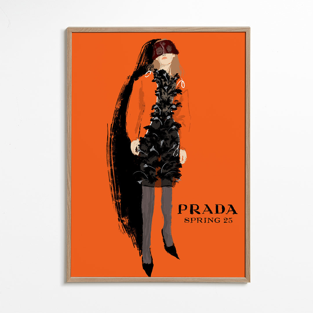 Módní ilustrace PRADA na oranžovém pozadí