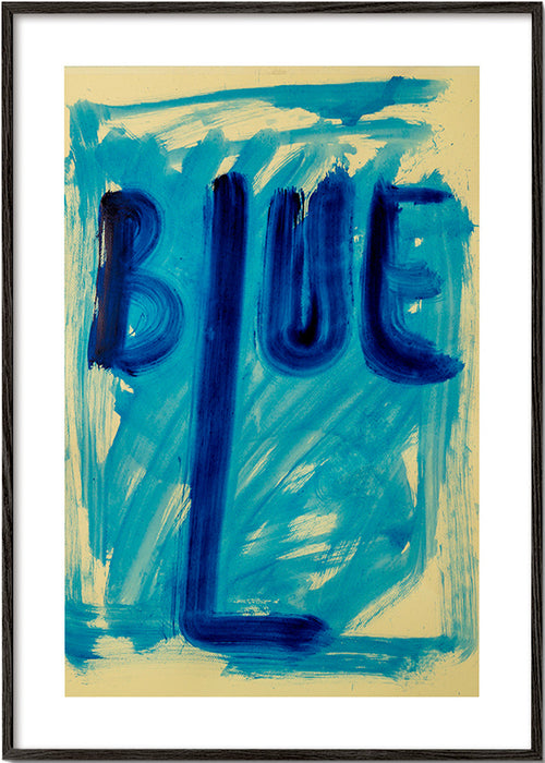 Abstraktní obraz s ručně malovanou modrou typografií – Black Frame
