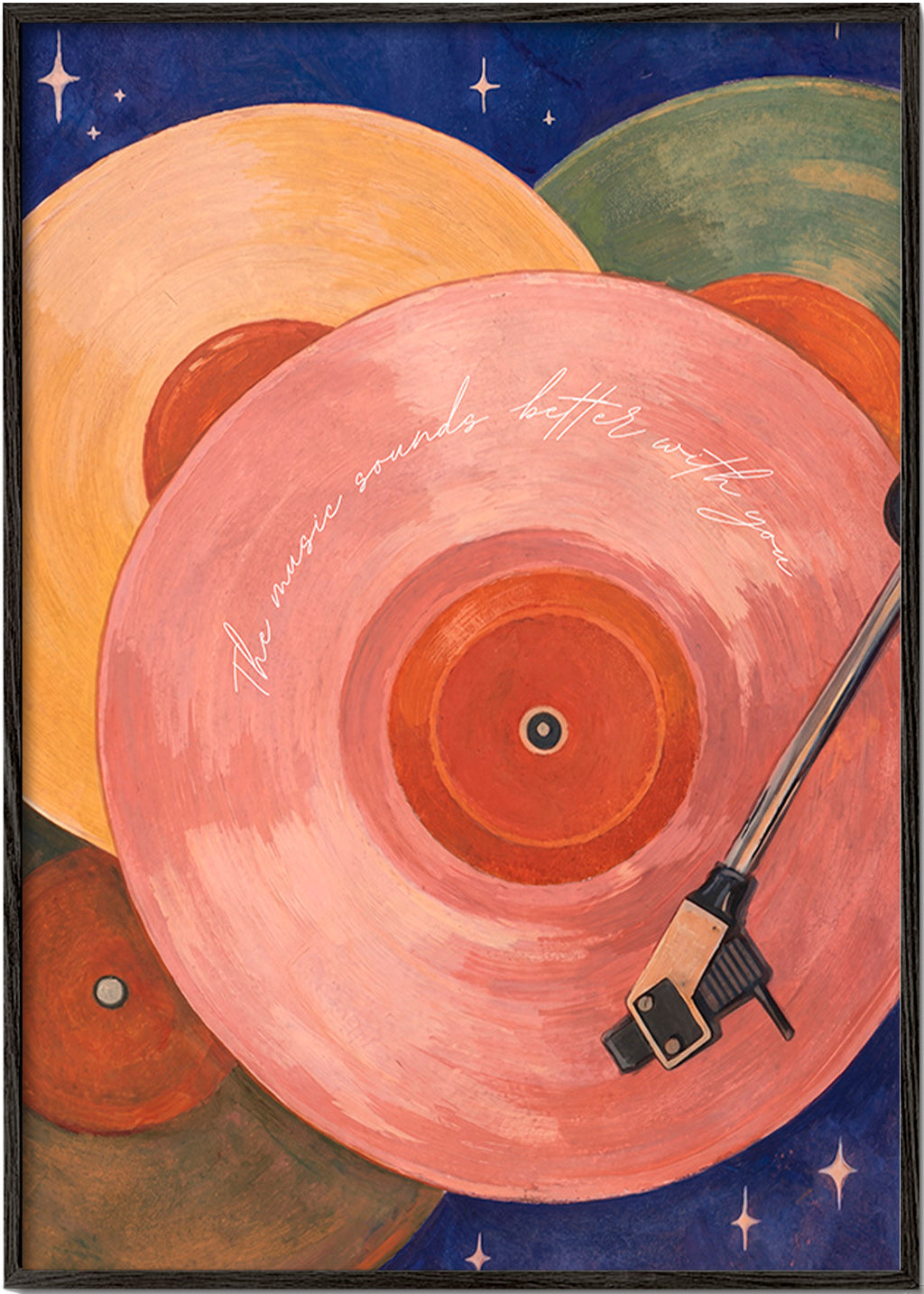 Růžová ilustrace vinylu s ramenem gramofonu