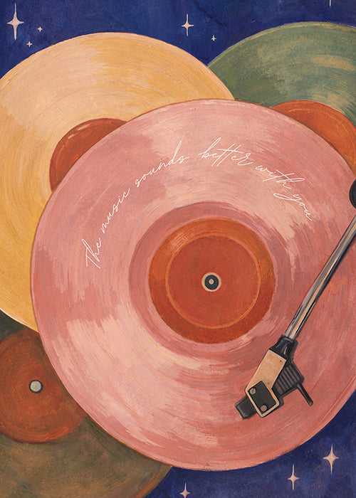 Růžová ilustrace vinylu s ramenem gramofonu