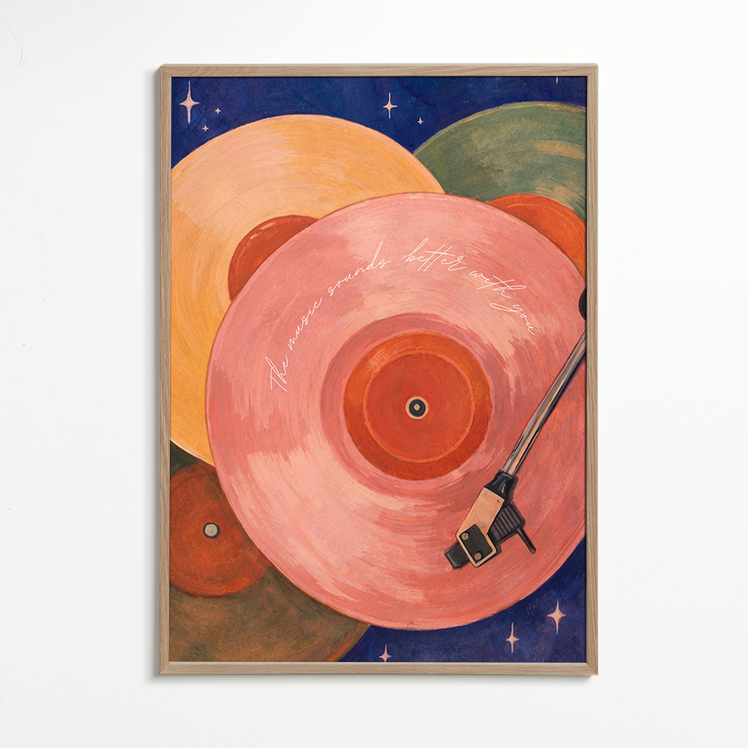 Růžová ilustrace vinylu s ramenem gramofonu