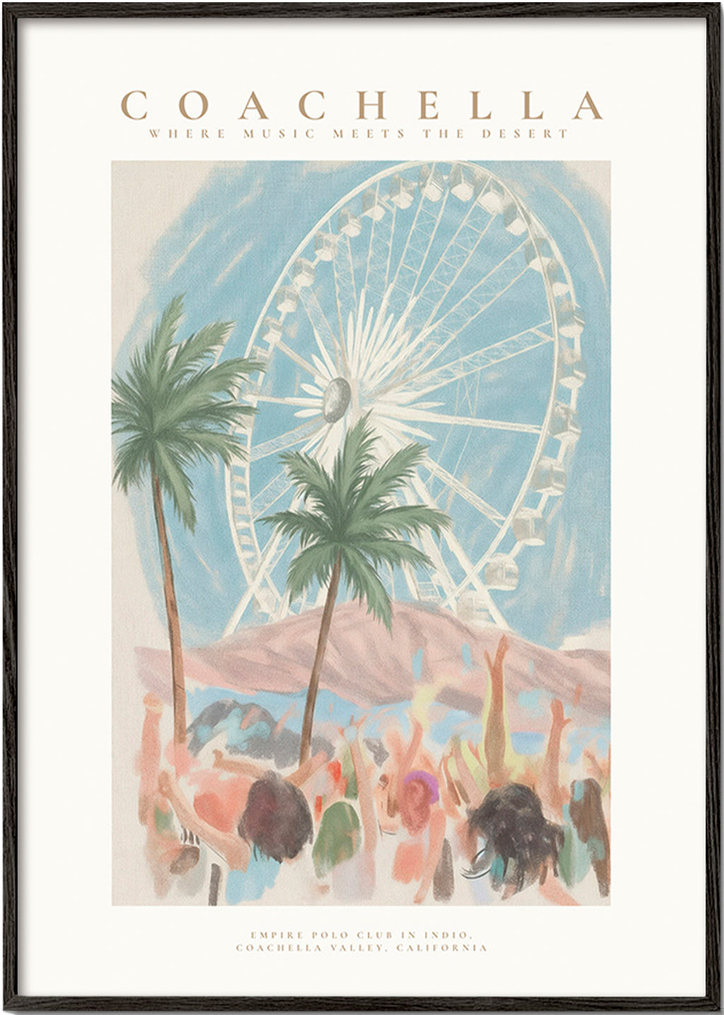 Ilustrace Coachella s ruským kolem a palmami