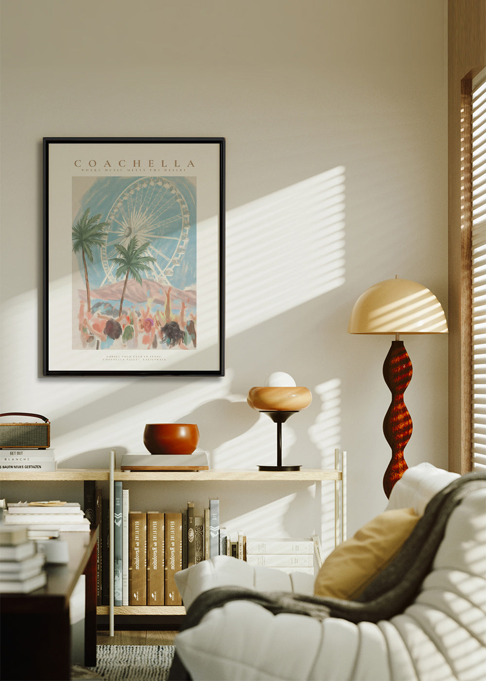 Ilustrace Coachella s ruským kolem a palmami