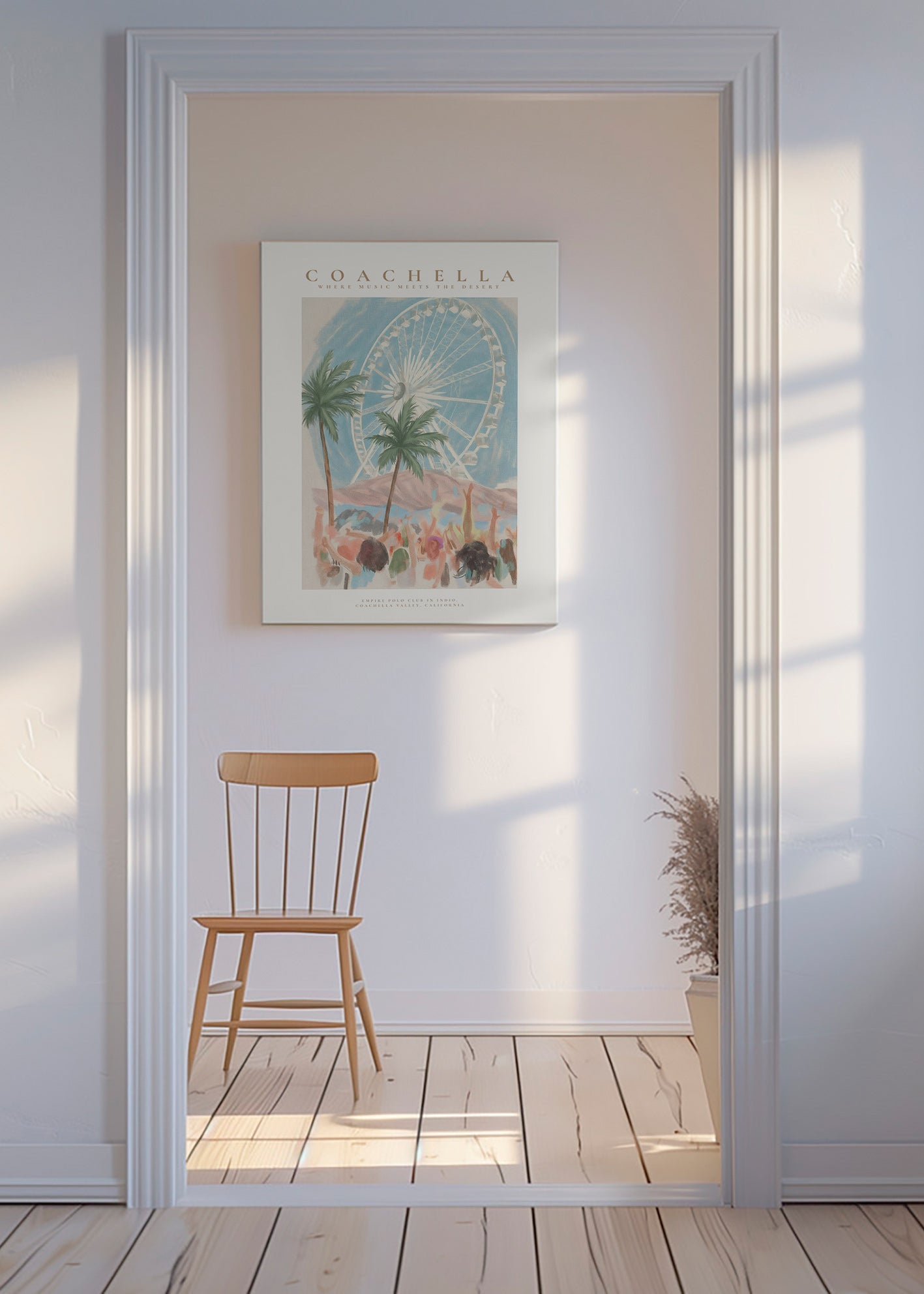 Ilustrace Coachella s ruským kolem a palmami