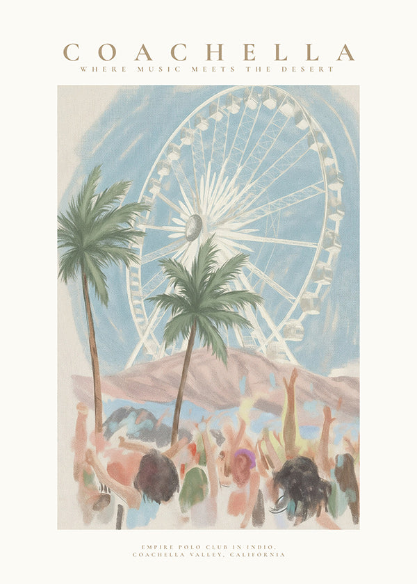 Ilustrace Coachella s ruským kolem a palmami
