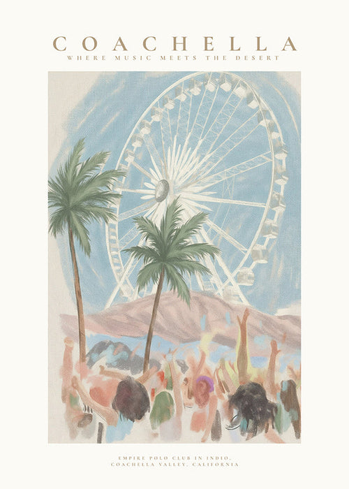 Ilustrace Coachella s ruským kolem a palmami