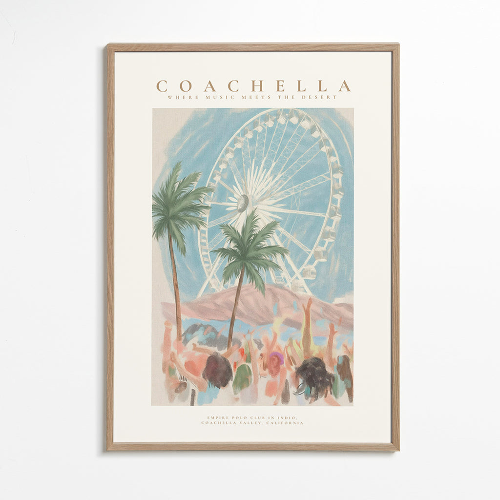 Ilustrace Coachella s ruským kolem a palmami