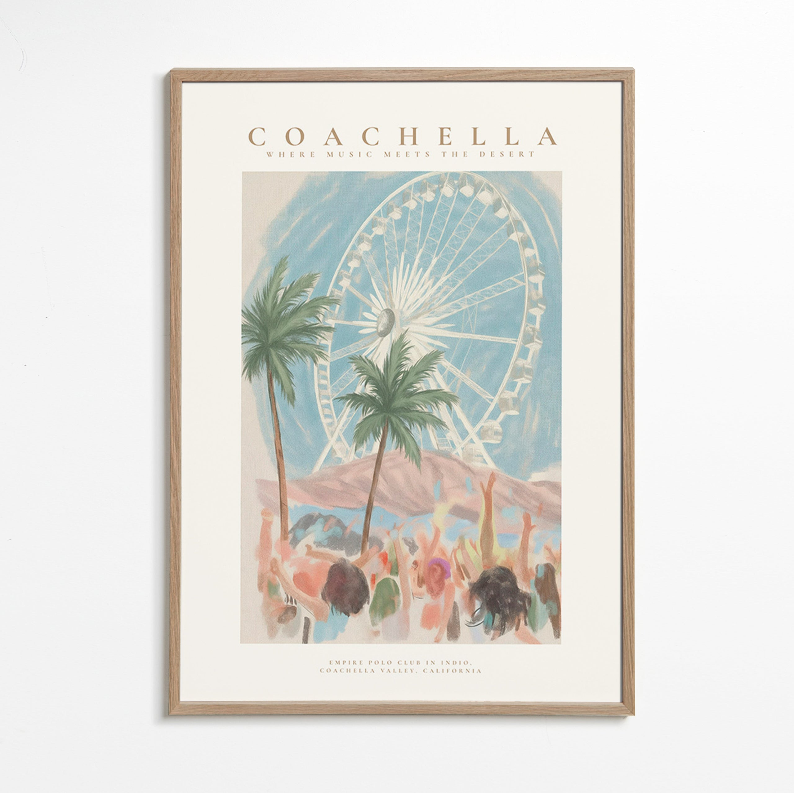 Ilustrace Coachella s ruským kolem a palmami