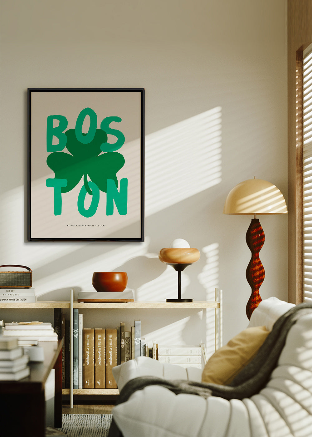 Cestovatelský plakát Boston s grafikou jetelu
