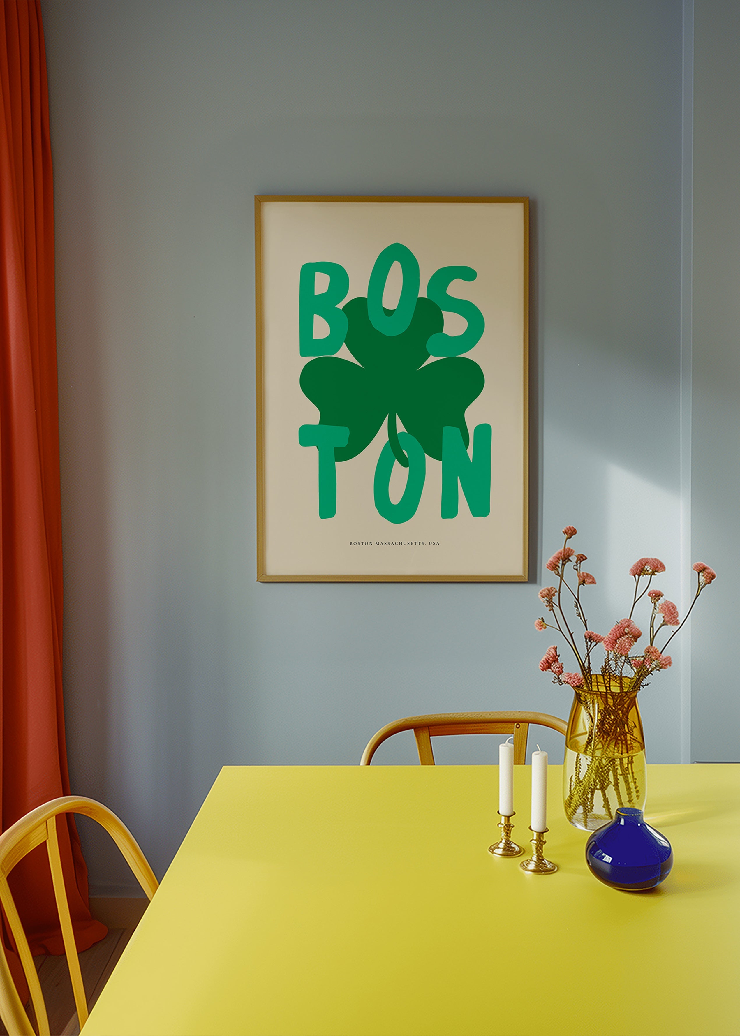 Cestovatelský plakát Boston s grafikou jetelu