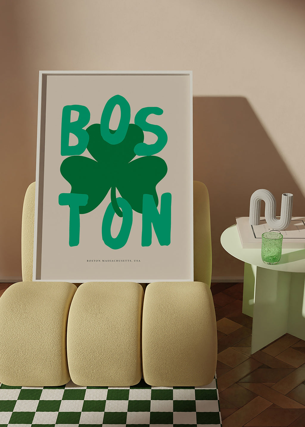 Cestovatelský plakát Boston s grafikou jetelu