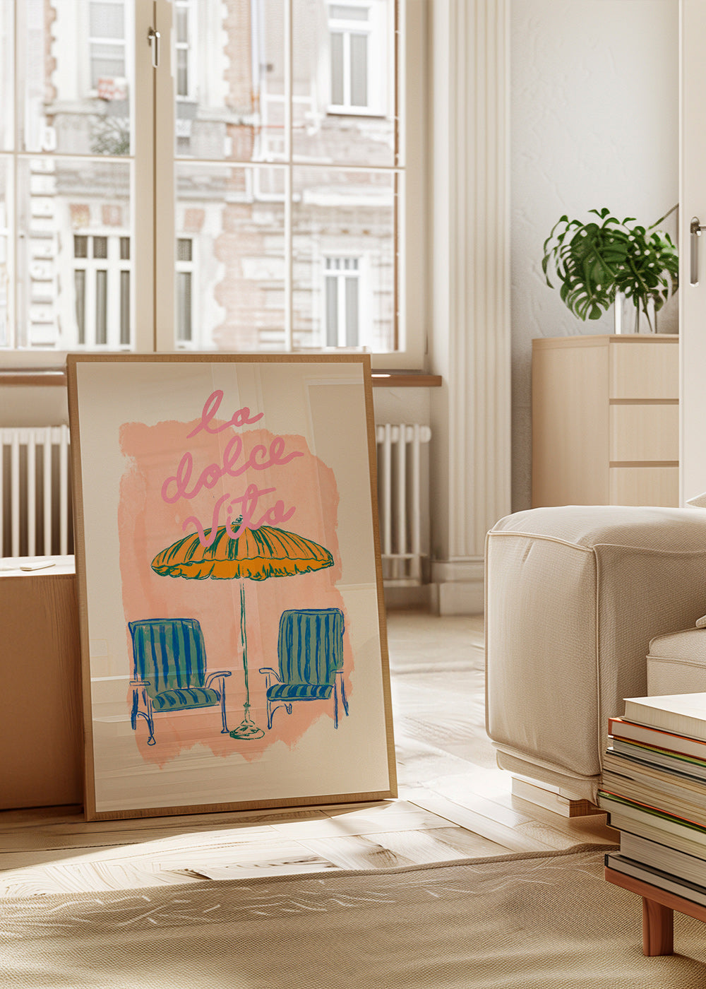 Ilustrace La Dolce Vita slunečník a židle