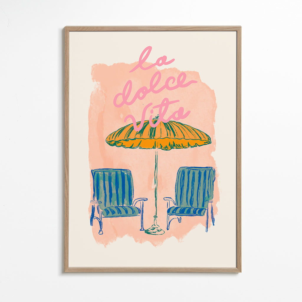 Ilustrace La Dolce Vita slunečník a židle
