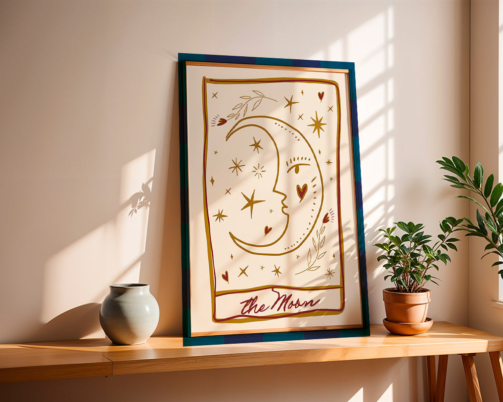 Ilustrace měsíce s tváří a hvězdami