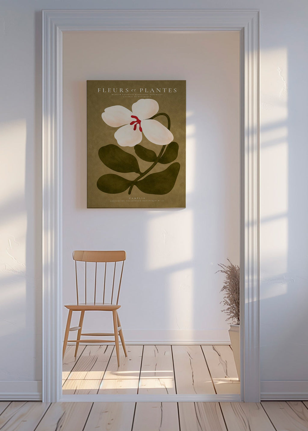 Botanický plakát: bílá kamélie na olivovém pozadí