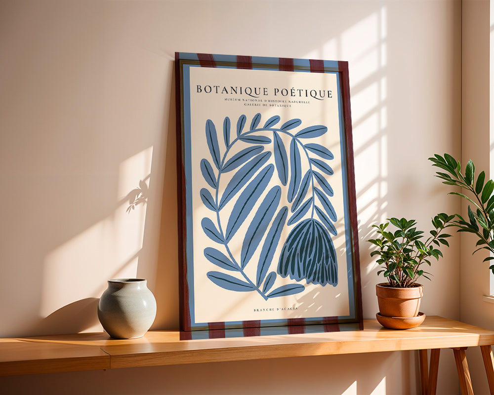Botanický plakát: stylizovaná modrá akácie