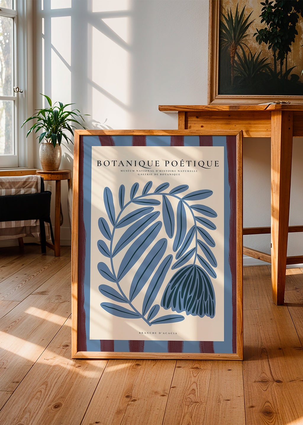 Botanický plakát: stylizovaná modrá akácie