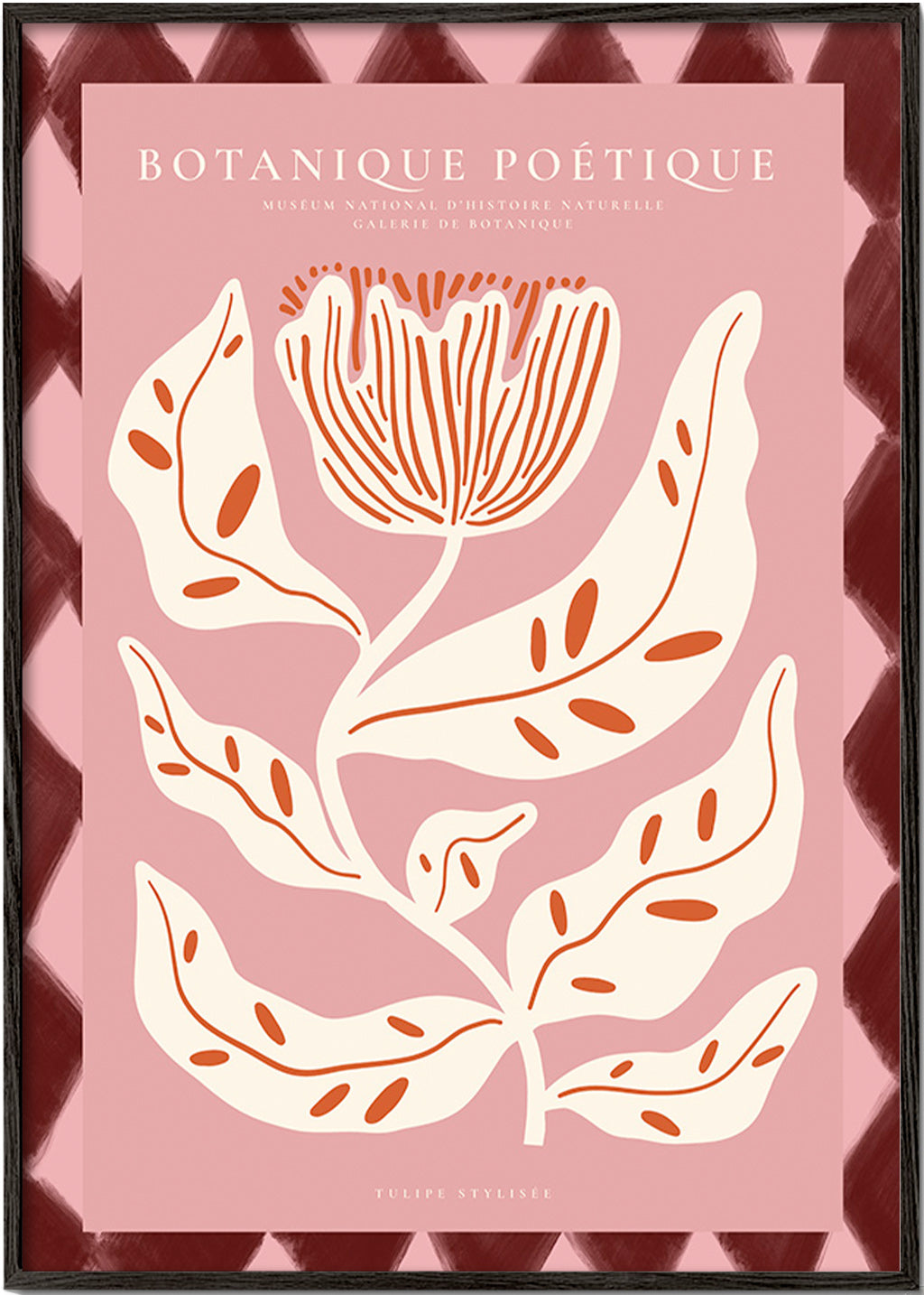 Botanický plakát s stylizovanou růžovou květinou
