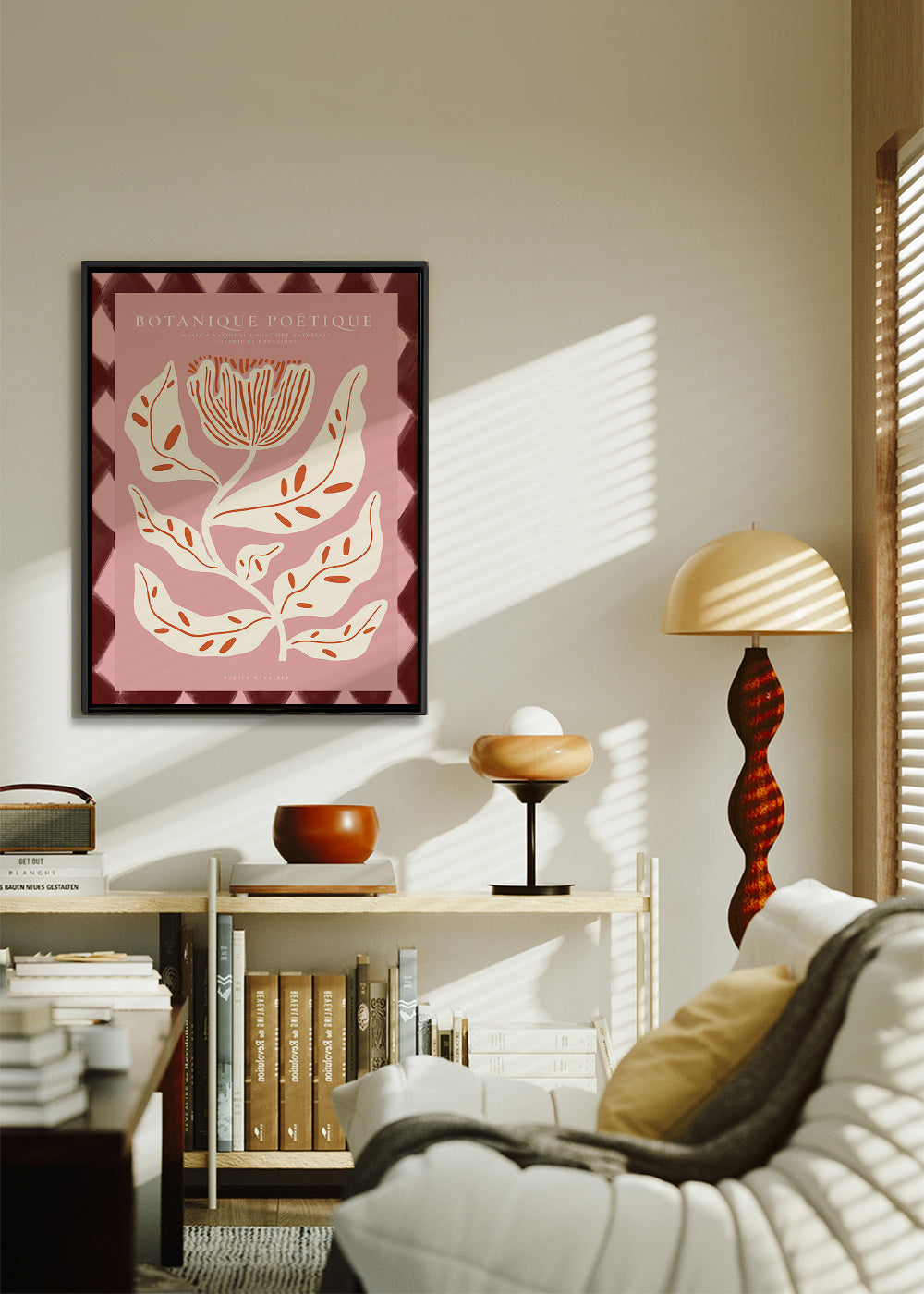 Botanický plakát s stylizovanou růžovou květinou