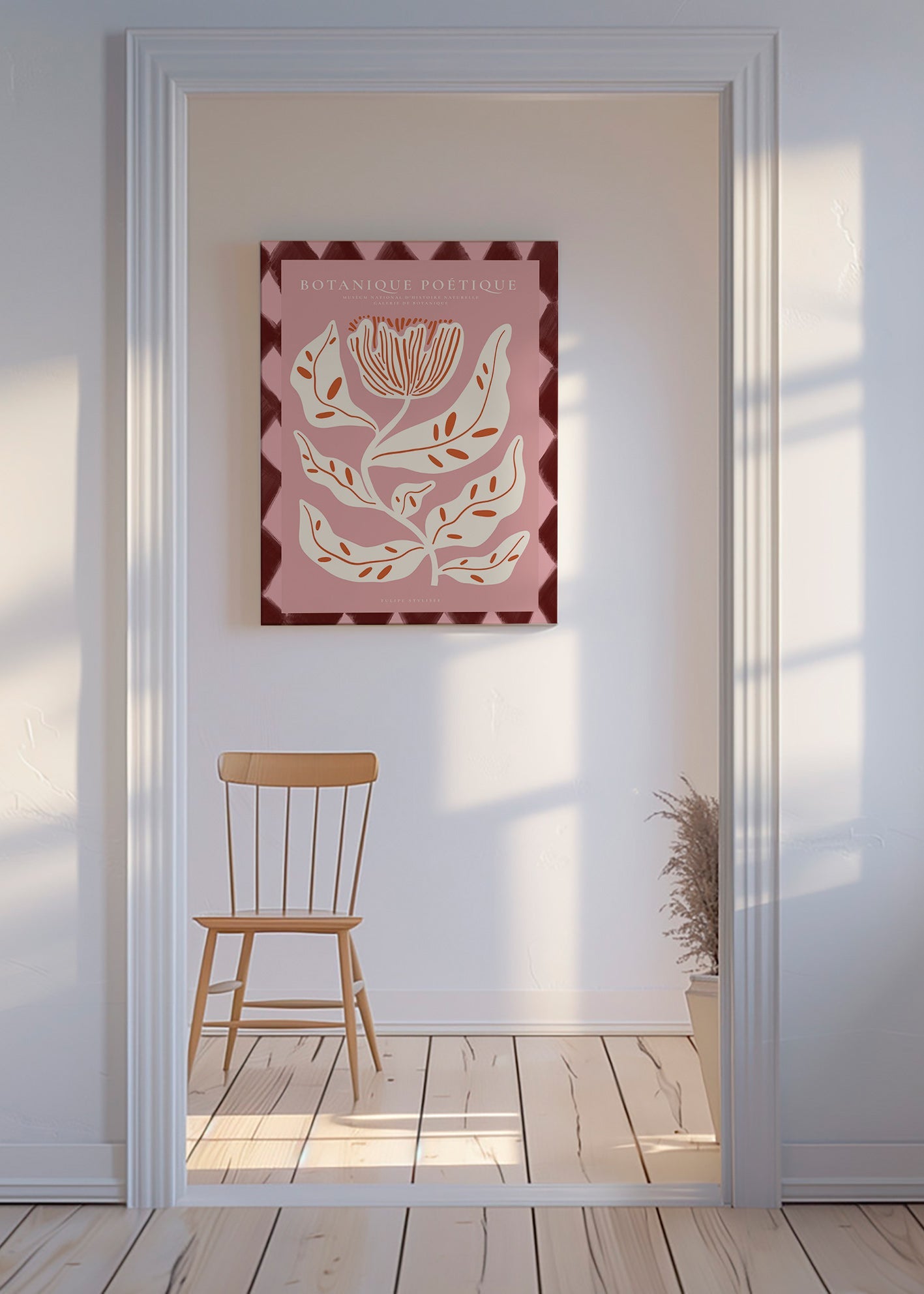 Botanický plakát s stylizovanou růžovou květinou