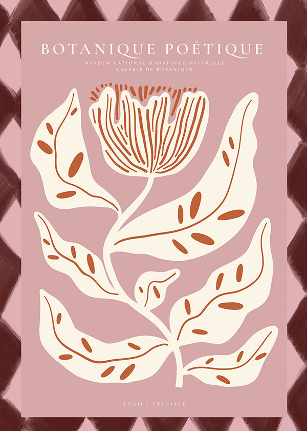 Botanický plakát s stylizovanou růžovou květinou