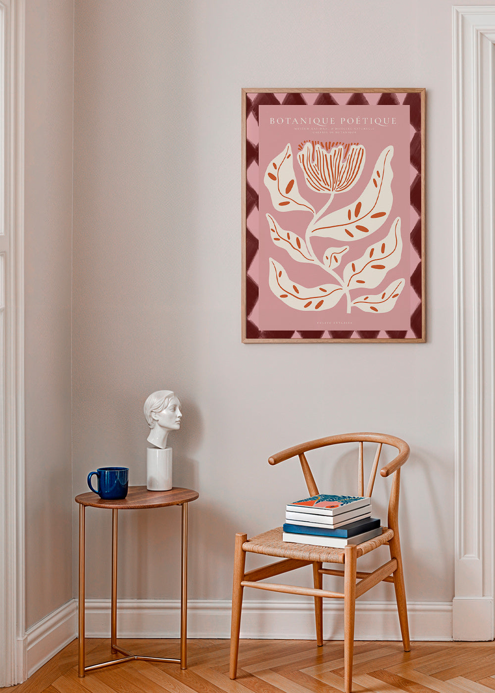 Botanický plakát s stylizovanou růžovou květinou
