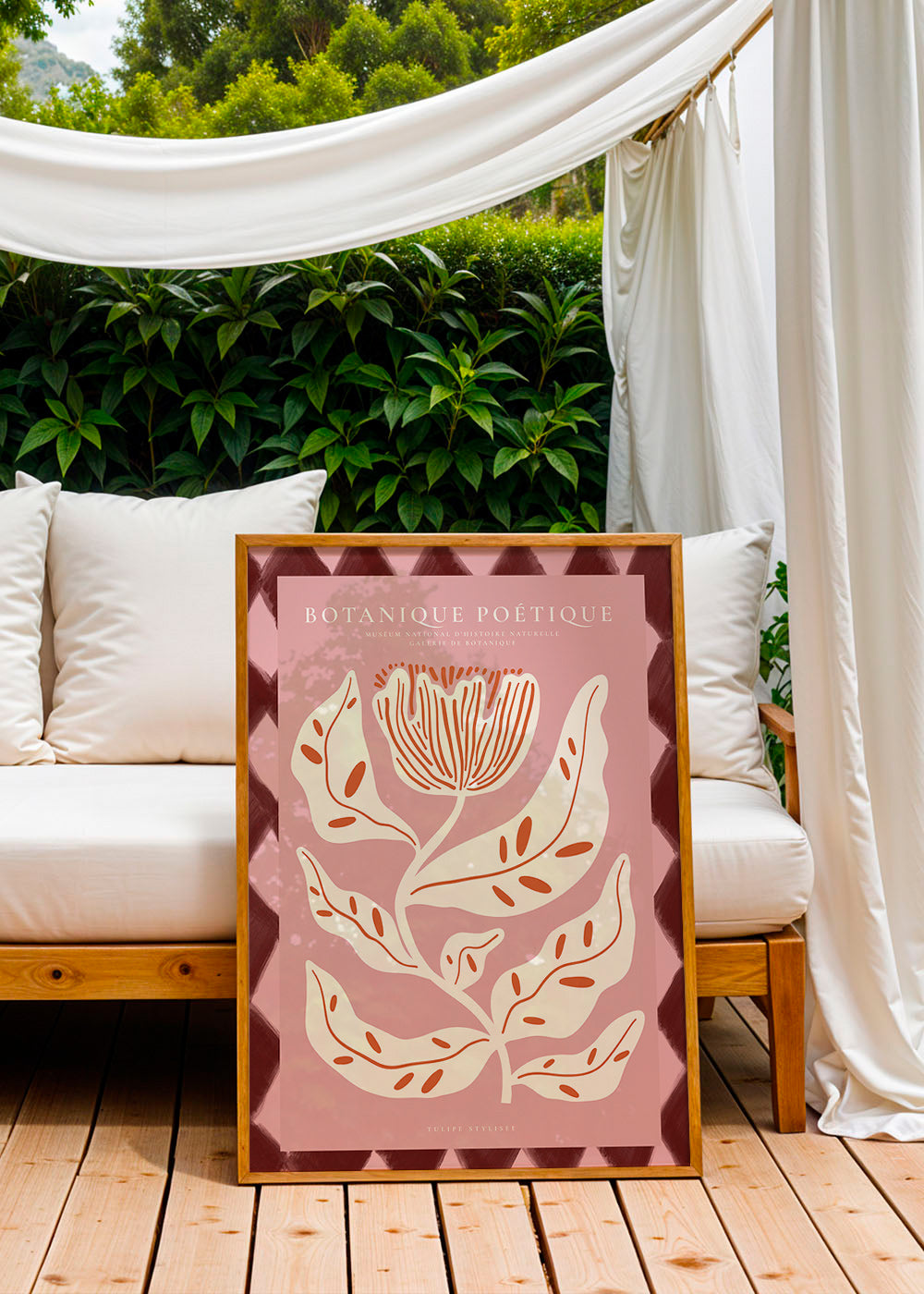 Botanický plakát s stylizovanou růžovou květinou