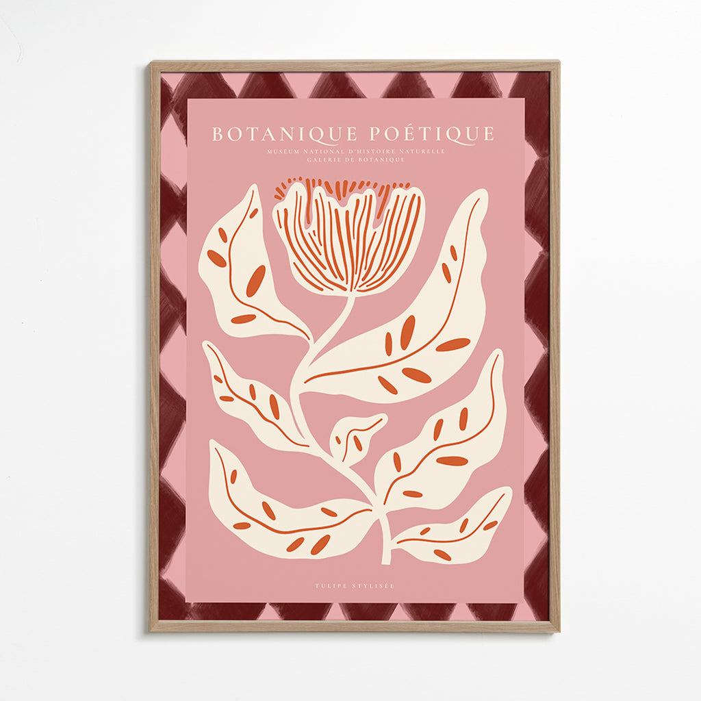 Botanický plakát s stylizovanou růžovou květinou