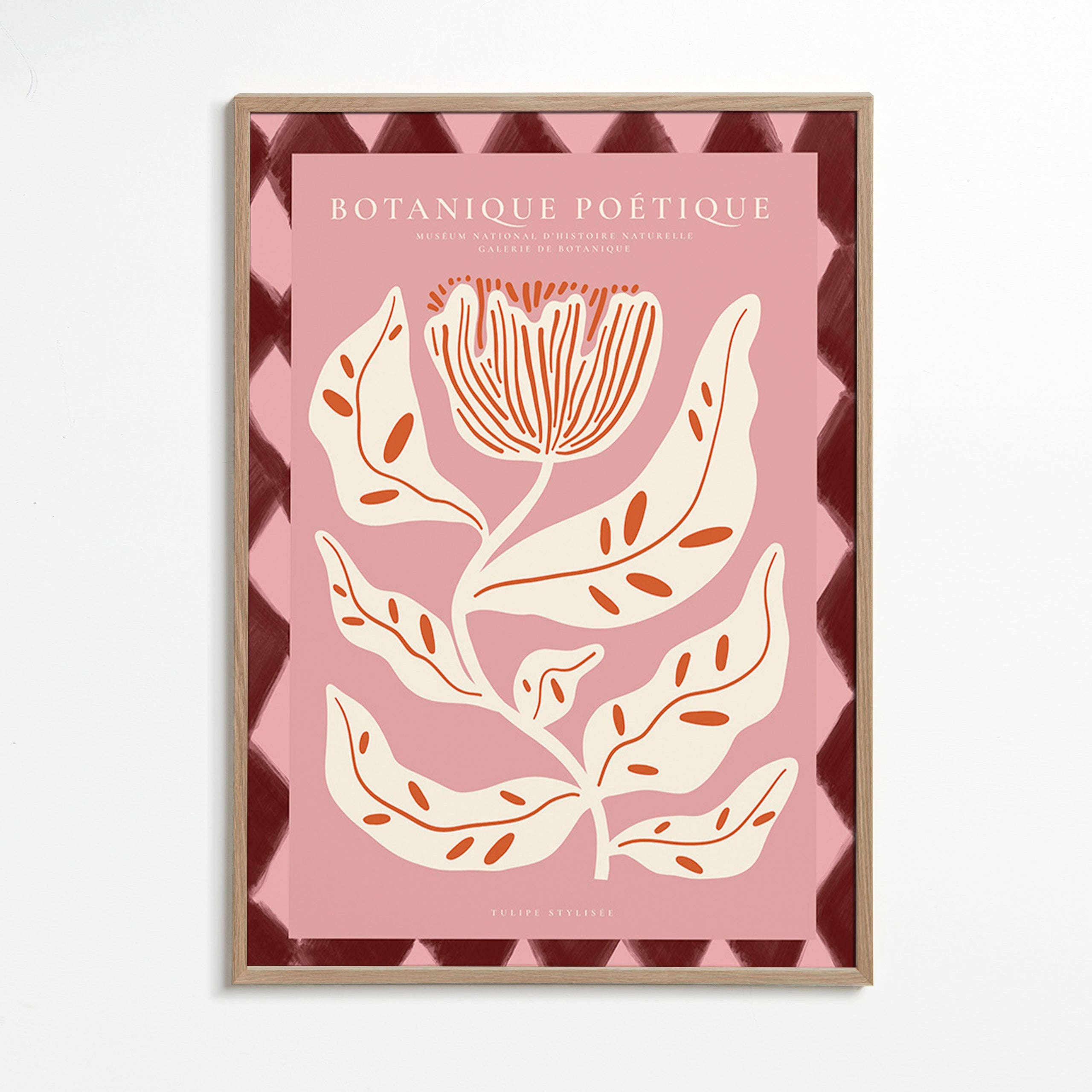 Botanický plakát s stylizovanou růžovou květinou