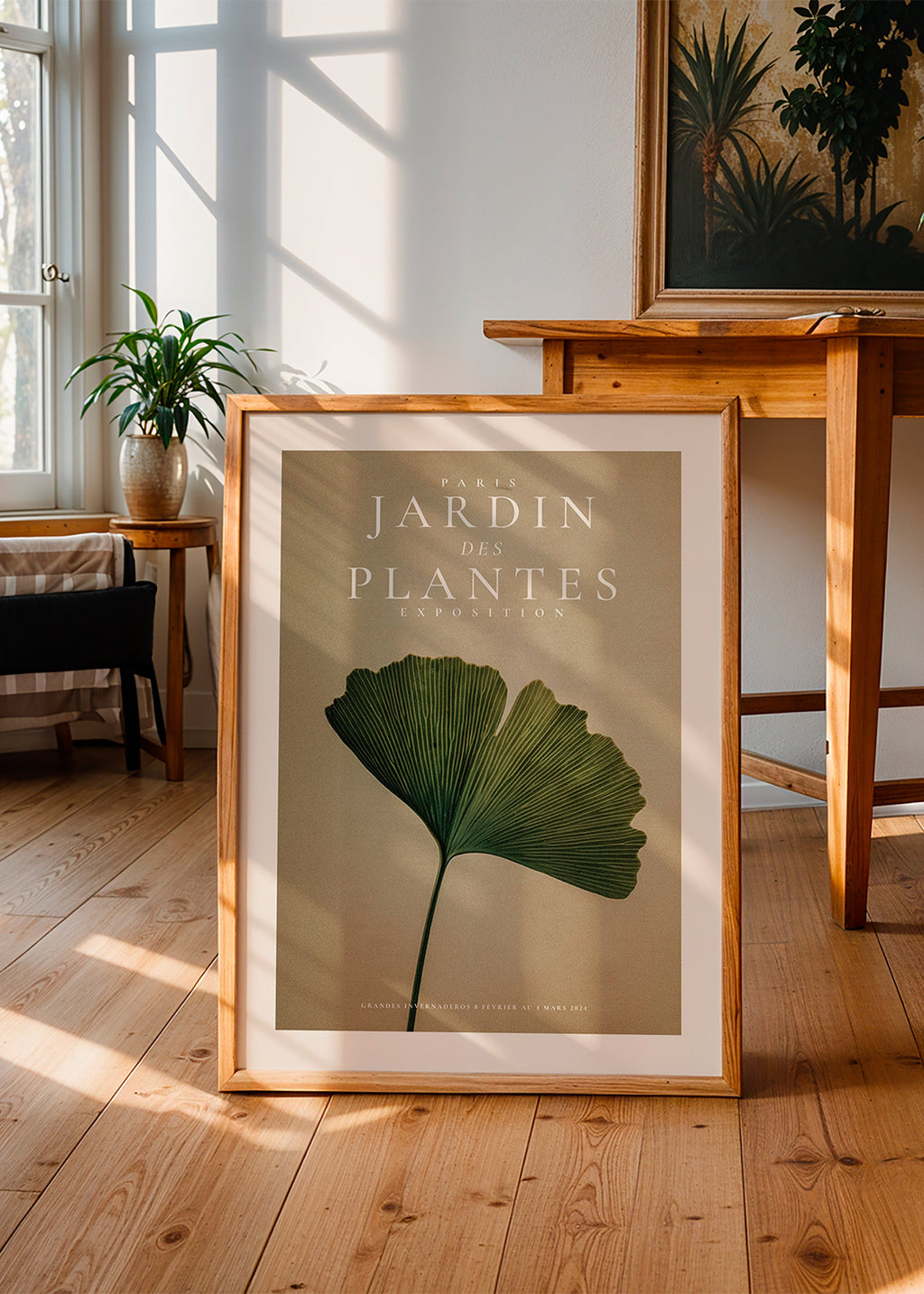Botanický plakát s listem gingka a klasickou typografií