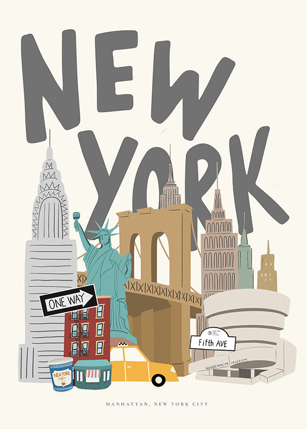 Cestovatelský plakát s ikonami New Yorku
