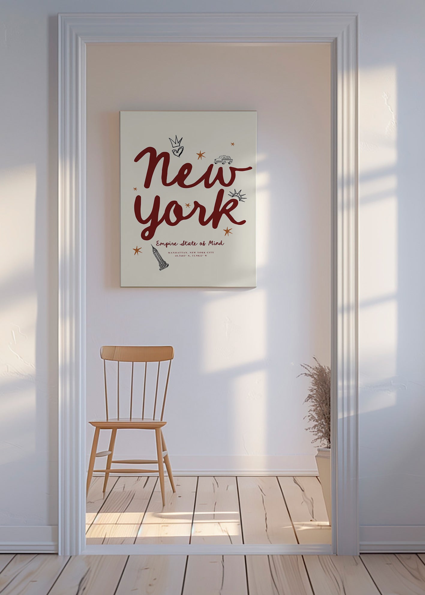 Cestovatelský plakát New York s bordovým letteringem