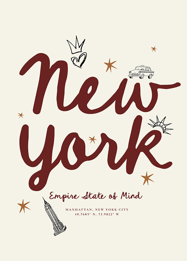 Cestovatelský plakát New York s bordovým letteringem