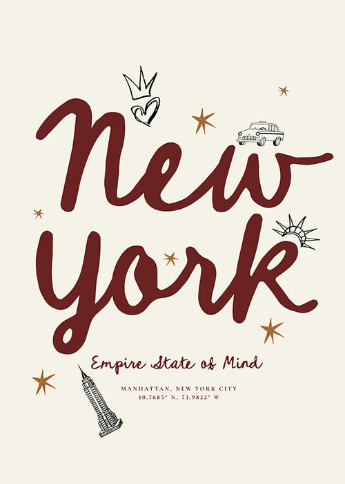 Cestovatelský plakát New York s bordovým letteringem