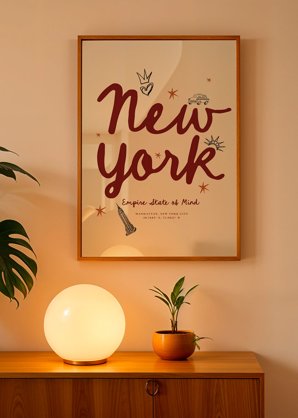 Cestovatelský plakát New York s bordovým letteringem