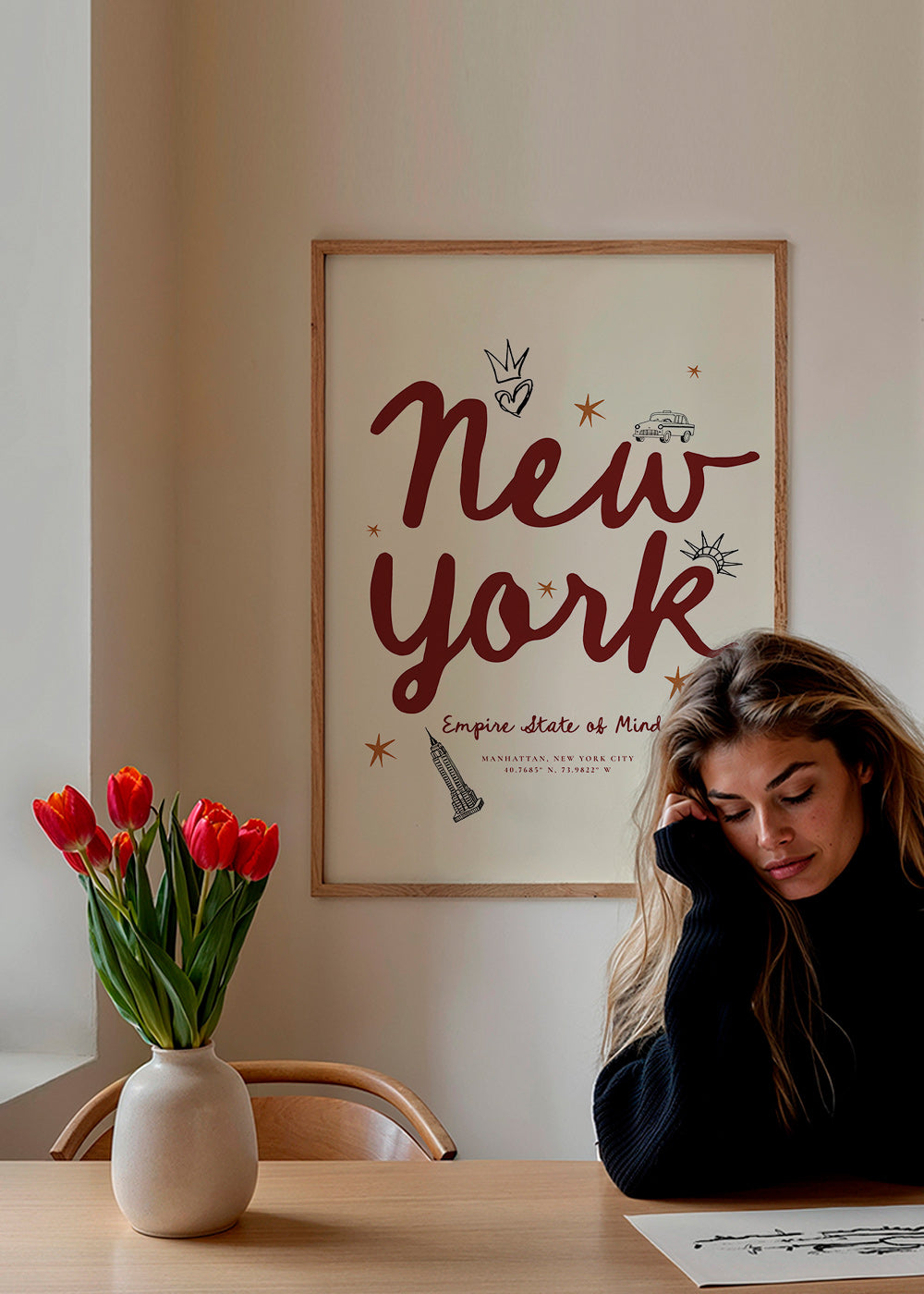 Cestovatelský plakát New York s bordovým letteringem