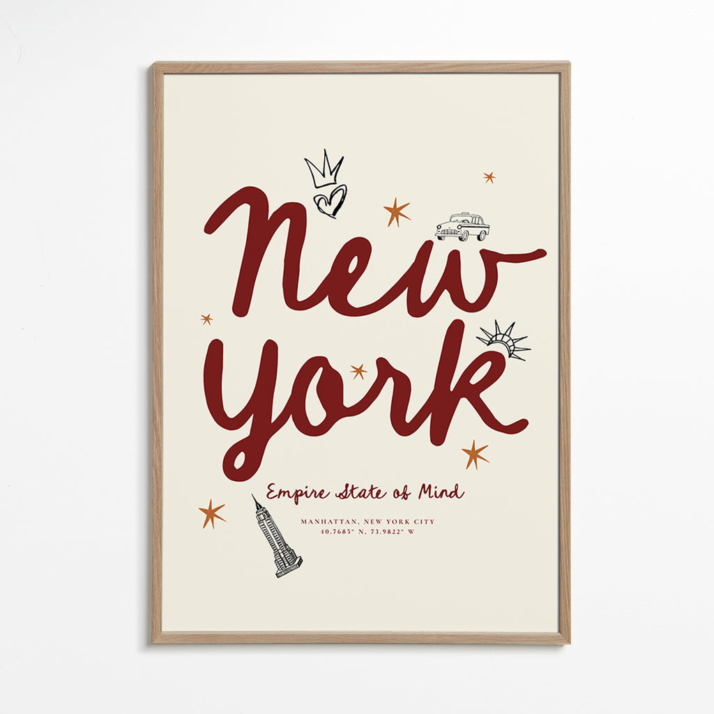Cestovatelský plakát New York s bordovým letteringem