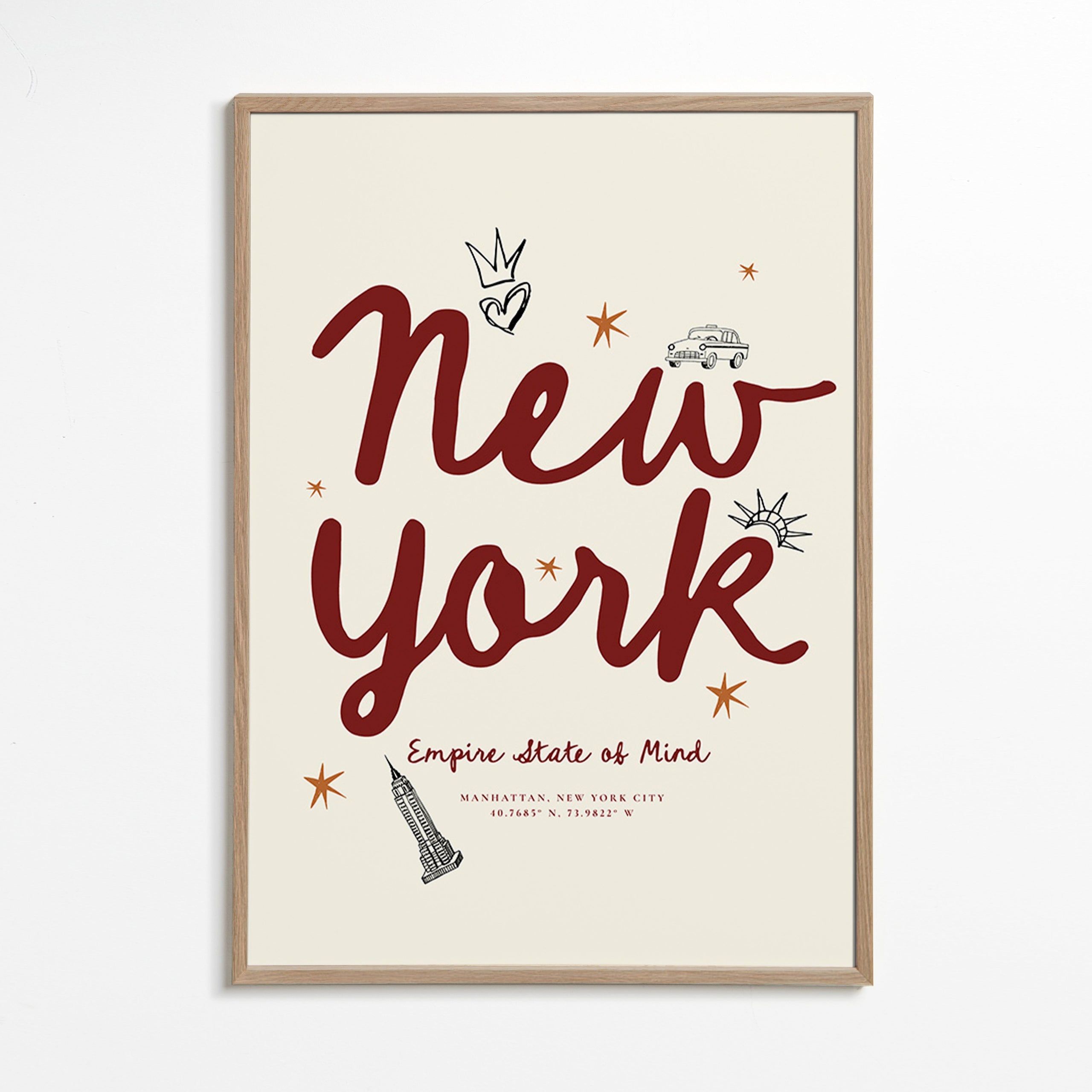 Cestovatelský plakát New York s bordovým letteringem