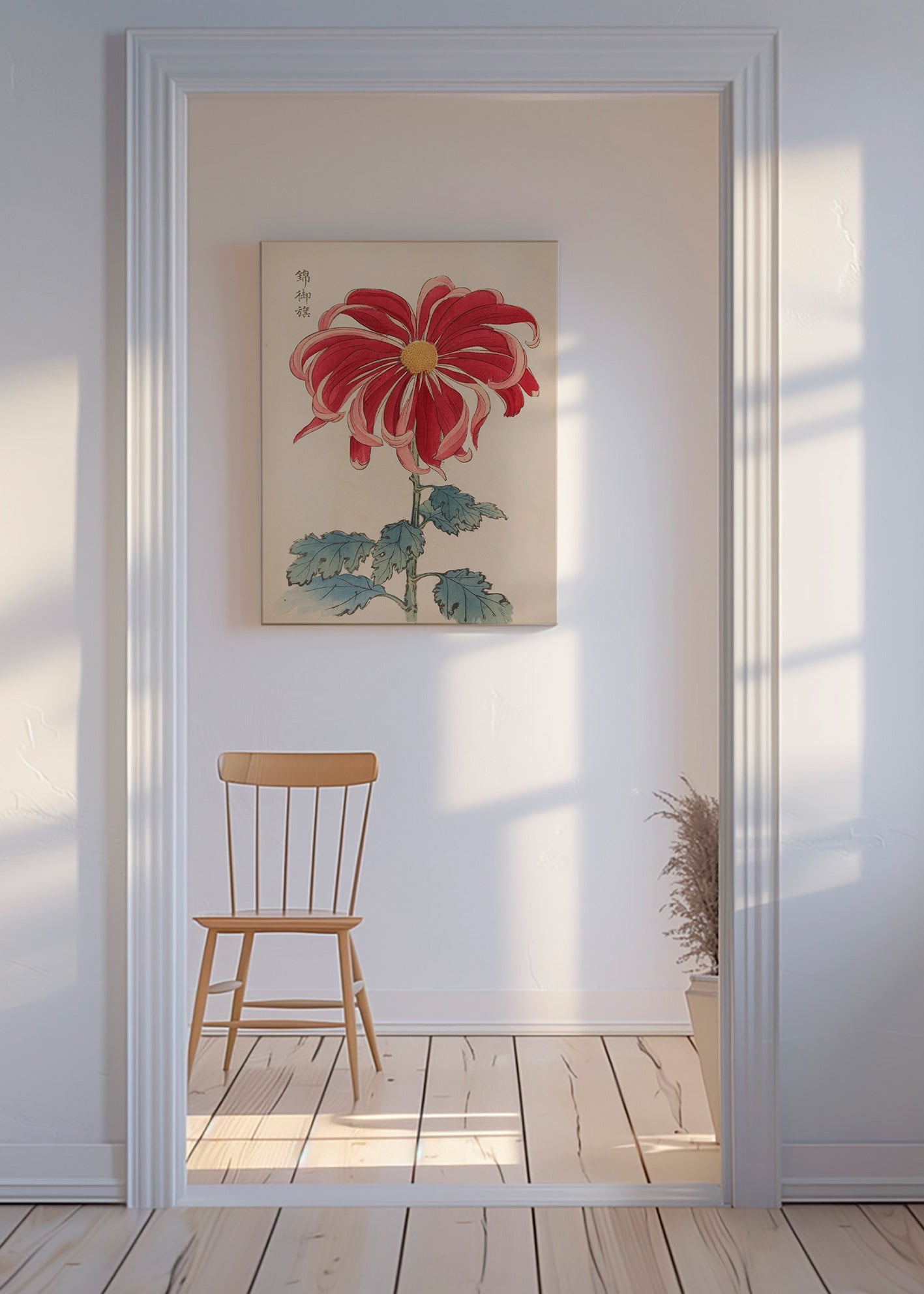 Botanický plakát japonská chryzantéma červená