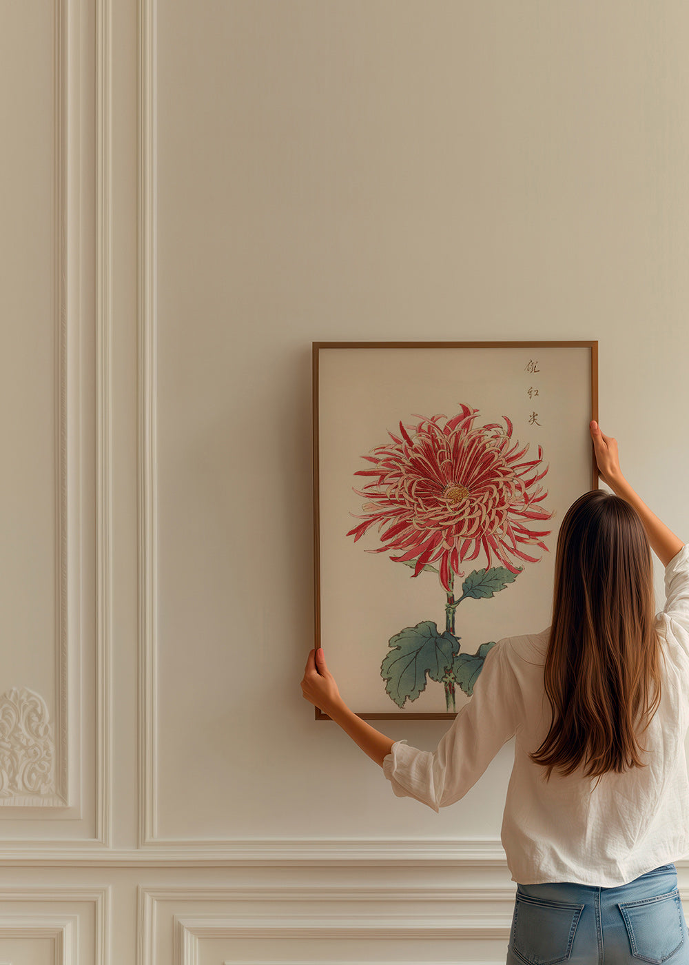 Botanický plakát červená chryzantéma detailní