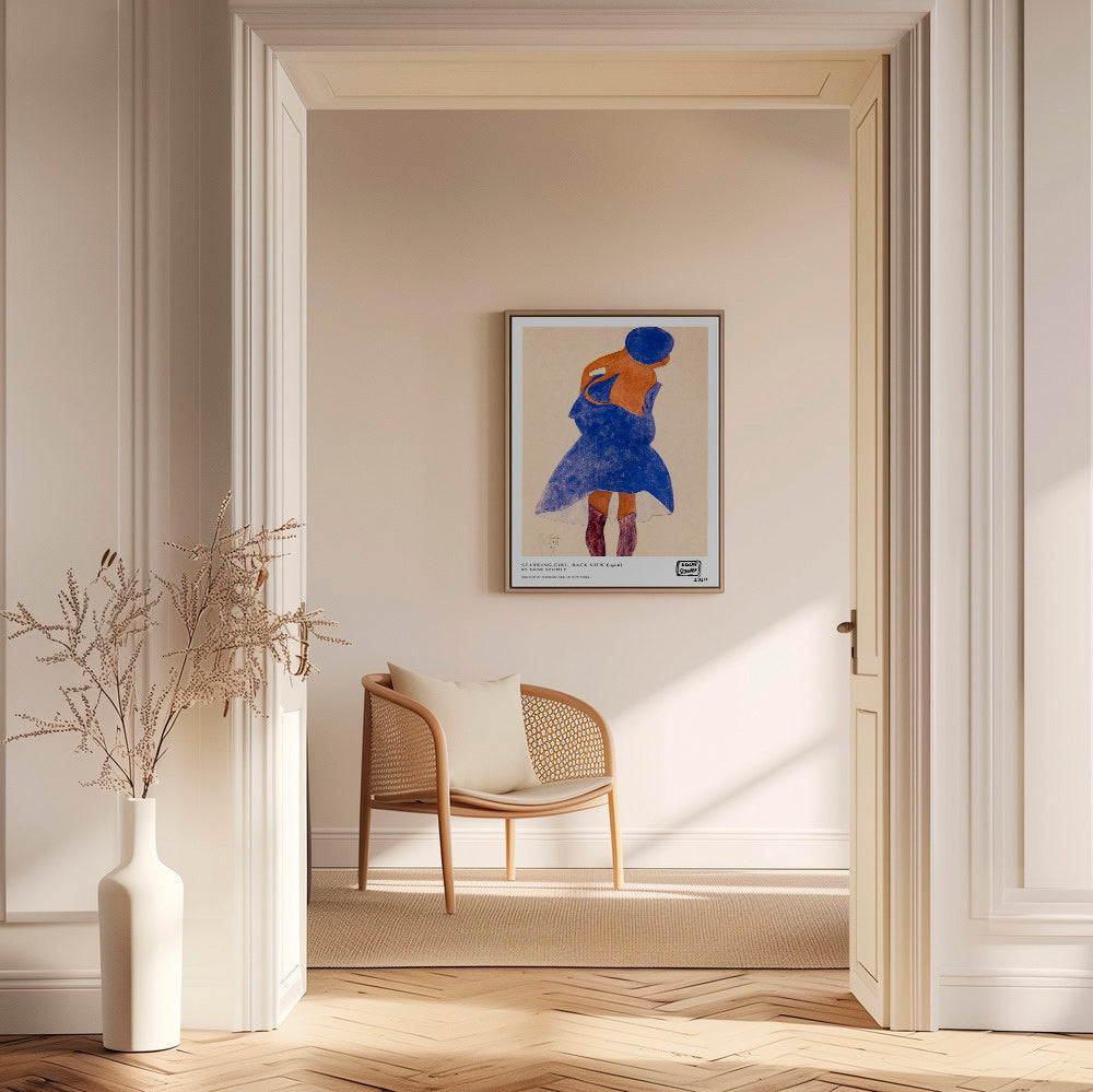 Ilustrace: žena zezadu v modrém