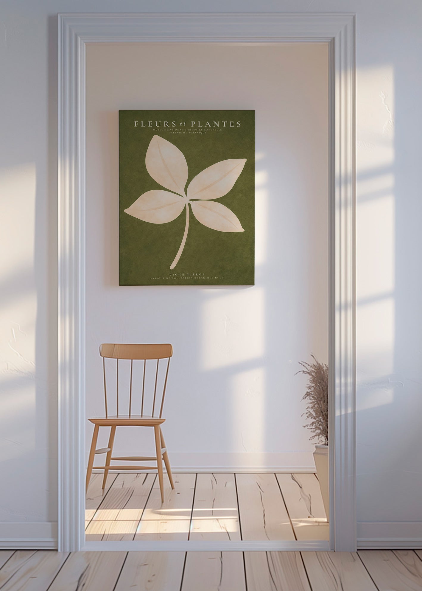 Botanický plakát: krémový list na zeleném pozadí