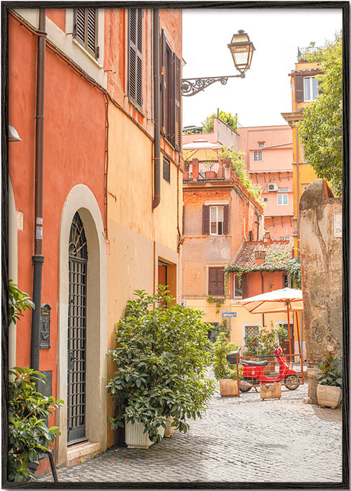 Obraz do kuchyně: ulice Trastevere s červeným skútrem – Black Frame