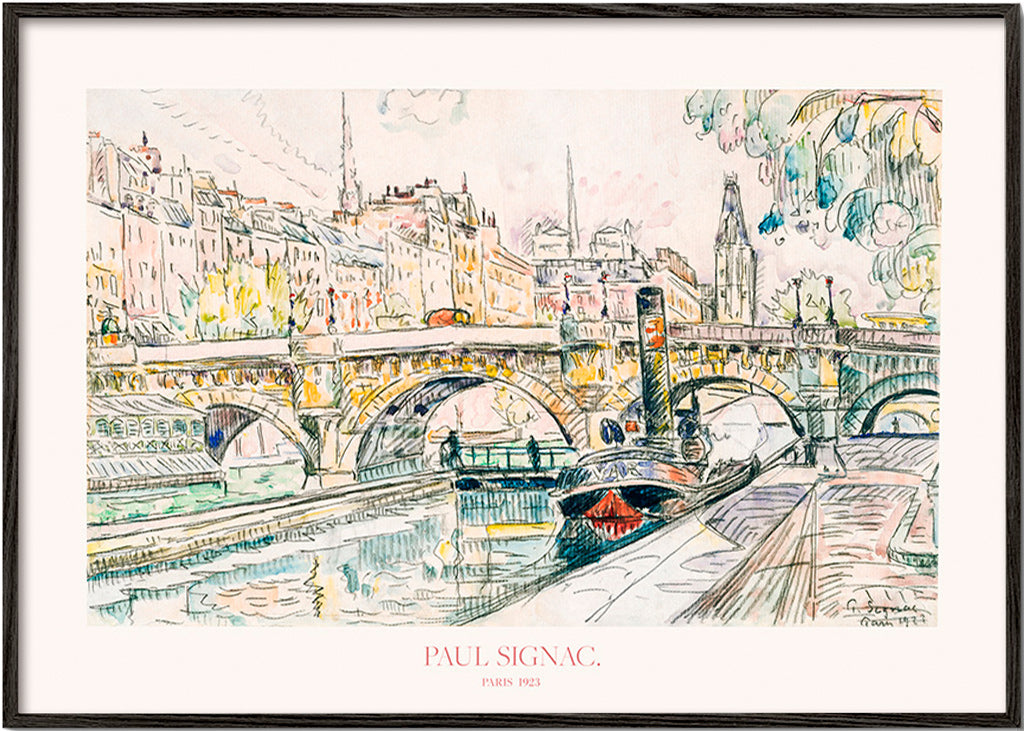 Obraz do města: Pont Neuf s remorkérem v inkoustu a akvarelu – Black Frame