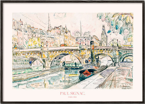 Obraz do města: Pont Neuf s remorkérem v inkoustu a akvarelu – Black Frame